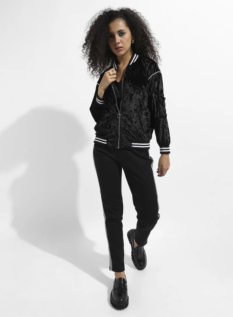 Campus Sutra Women's Navy Blue Zip Front Dark-Wash Denim Jacket