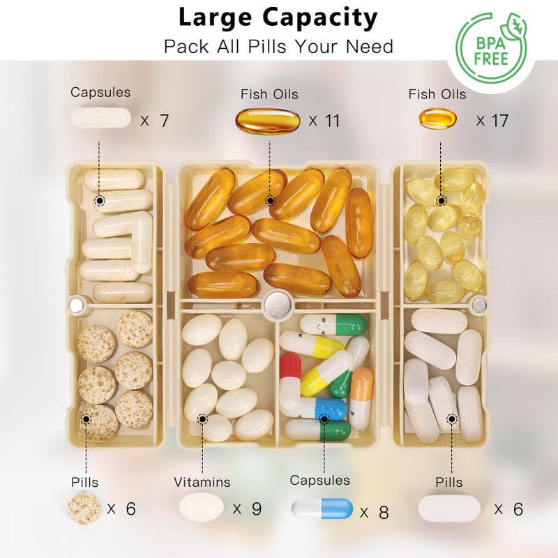 FYY Daily Pill Organizer, 7 Compartments Portable Pill Case Travel Pill Organizer,[Folding Design] Pill Box for Purse Pocket to Hold Vitamins,Cod Liver Oil,Supplements and Medication-White - Image 2