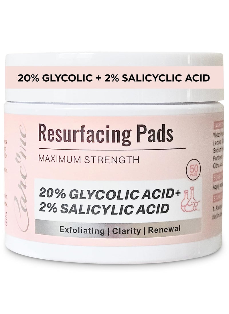 Care Me Glycolic Acid 20  Salicylic Acid 2 Exfoliating Pads 50 Count  AHA BHA Peel Wipes for Facial Cleansing Resurfacing Brightening Blemish Control Revealing Clear Radiant Youthful Skin 
