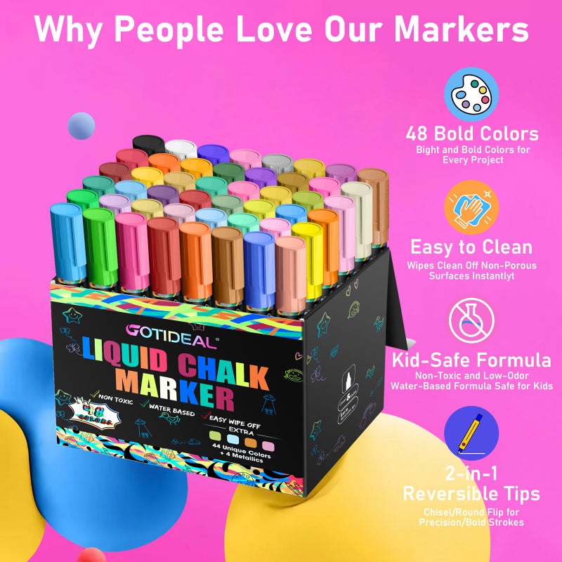 GOTIDEAL Liquid Chalk Markers Erasable,Window Chalk Markers for blackboard Washable,Non-toxic Chalk Pens for Calendar,Chalkboard,Glass,Cars with Reversible Tips(48 Colors,6mm) - Image 2