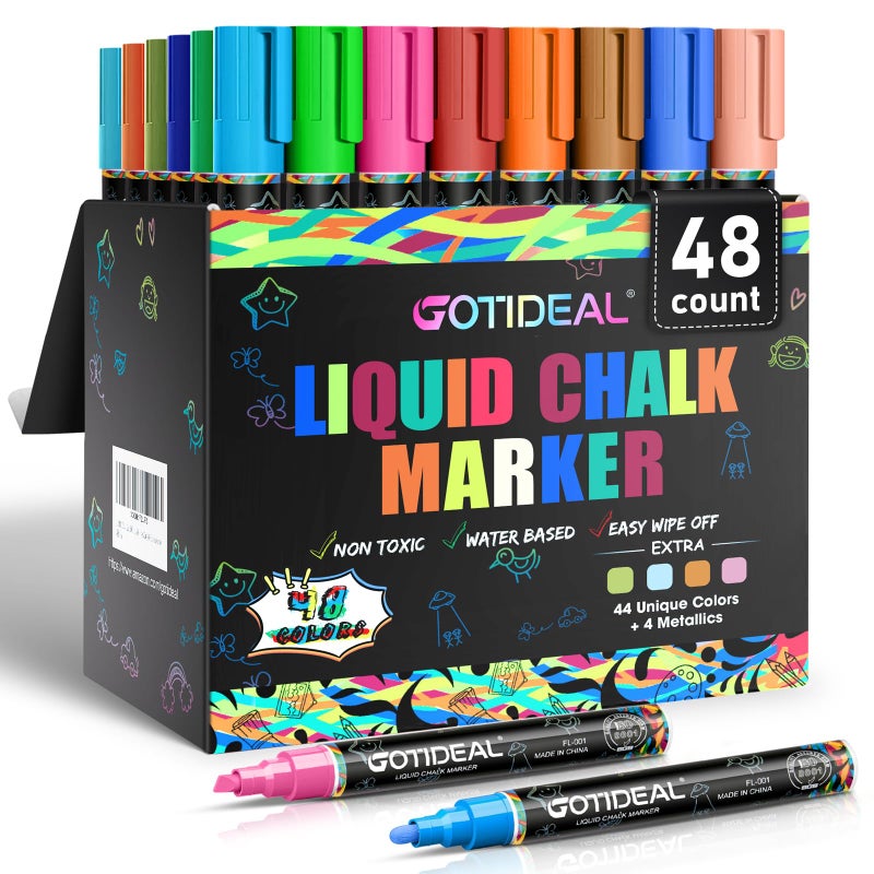 GOTIDEAL Liquid Chalk Markers Erasable,Window Chalk Markers for blackboard Washable,Non-toxic Chalk Pens for Calendar,Chalkboard,Glass,Cars with Reversible Tips(48 Colors,6mm) - Image 1