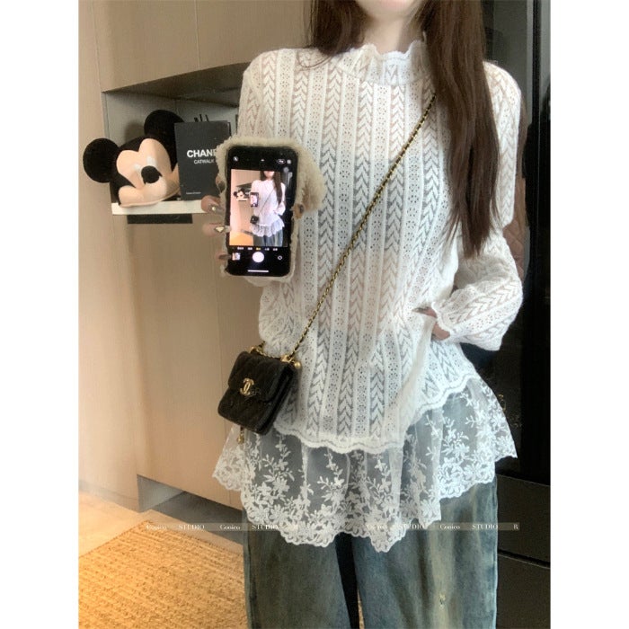 Original Fabric Design White Mock Collar Lace Shirt Womens Autumn Age-reducing Loose Mid-length Inner Top White