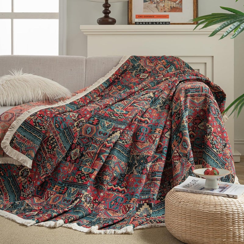 Retro Jacquard Sofa Cover - Cat-Proof & Anti-Scratch Couch Protector Slipcover with Tassels | Universal Fit for 1 2 3 4 Seater L U Sofas | Bohemian Style Sofa Throw (Brown, 180 * 460cm) - Image 4