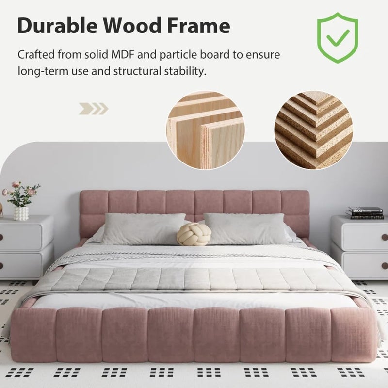 Modern Upholstered Bed Frame with Tufted Headboard - Premium Linen Textured Fabric Platform Bed - Sturdy Wooden Slat Support, No Box Spring Required (Pink, Twin with Mattress) - Image 4