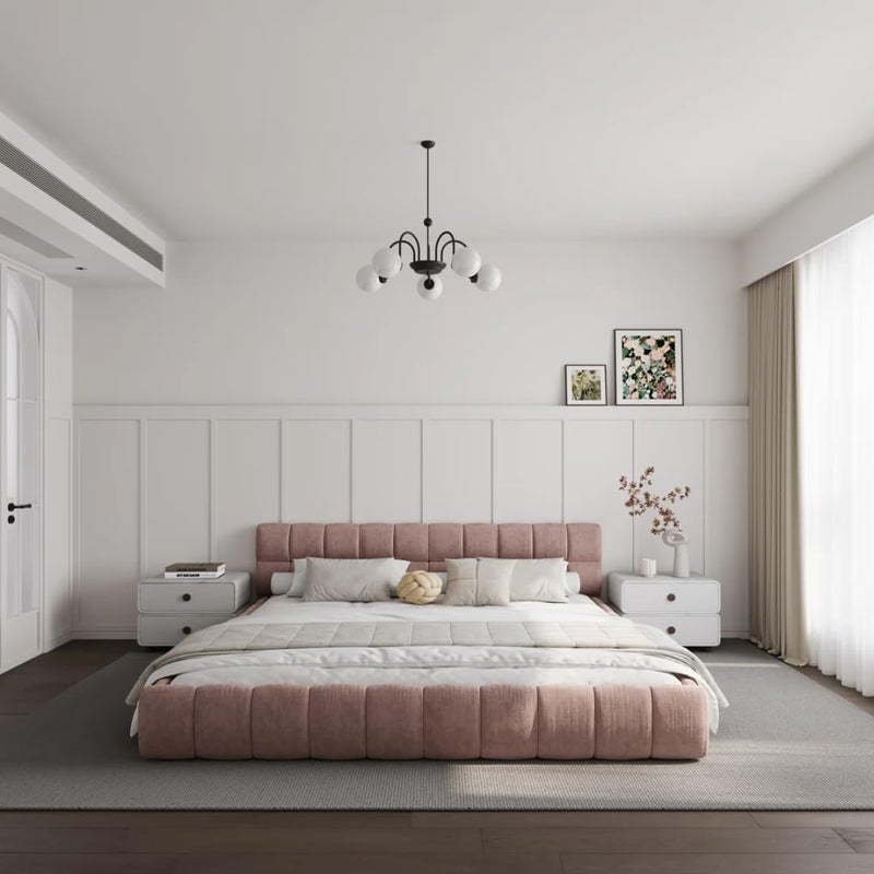 Modern Upholstered Bed Frame with Tufted Headboard - Premium Linen Textured Fabric Platform Bed - Sturdy Wooden Slat Support, No Box Spring Required (Pink, Twin with Mattress) - Image 2