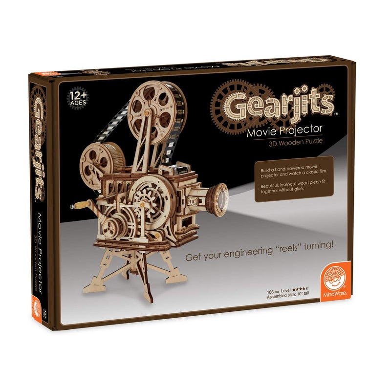MindWare Gearjits Movie Projector Wooden 3D Mechanical Model Kit for Adults and Teens Build Your Own Working Projector - Image 3