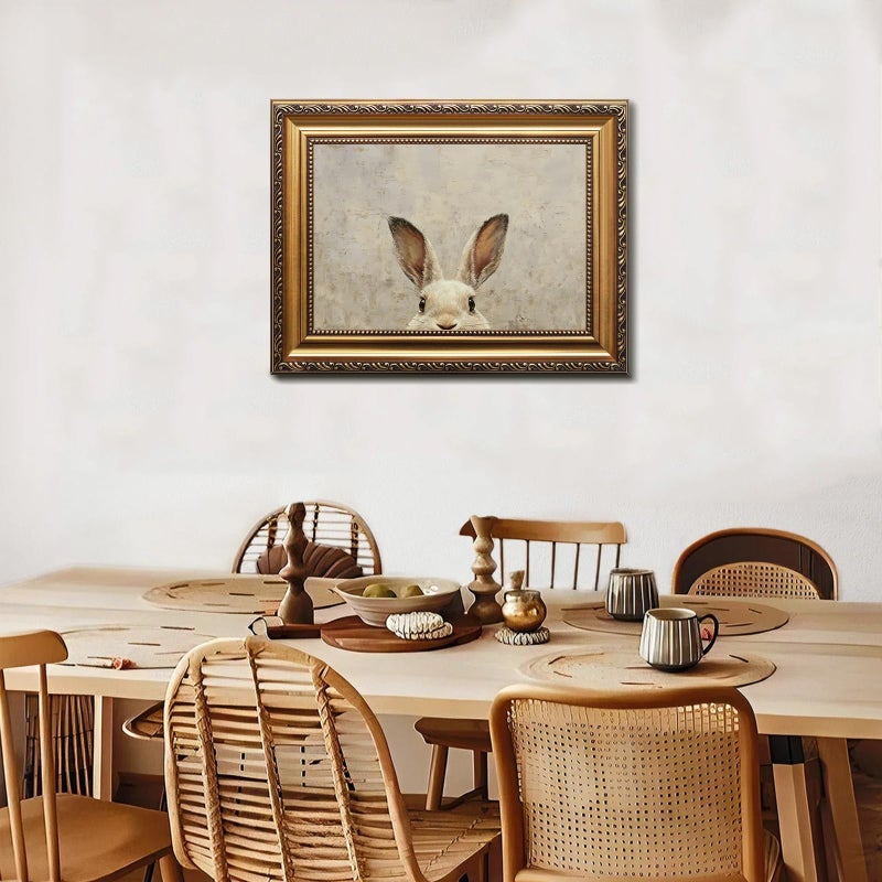 Uniro Vintage Gold Framed Wall Art, Easter Bunny Wall Art Decor, Neutral Rabbit Canvas Oil Painting Poster for Rustic Easter DÃ©cor, Vintage Home Decor Animals Artwork Prints Wall Decor for Kids Room, Living Room, Bedroom or Festive Spaces - 16x24inch - Image 4
