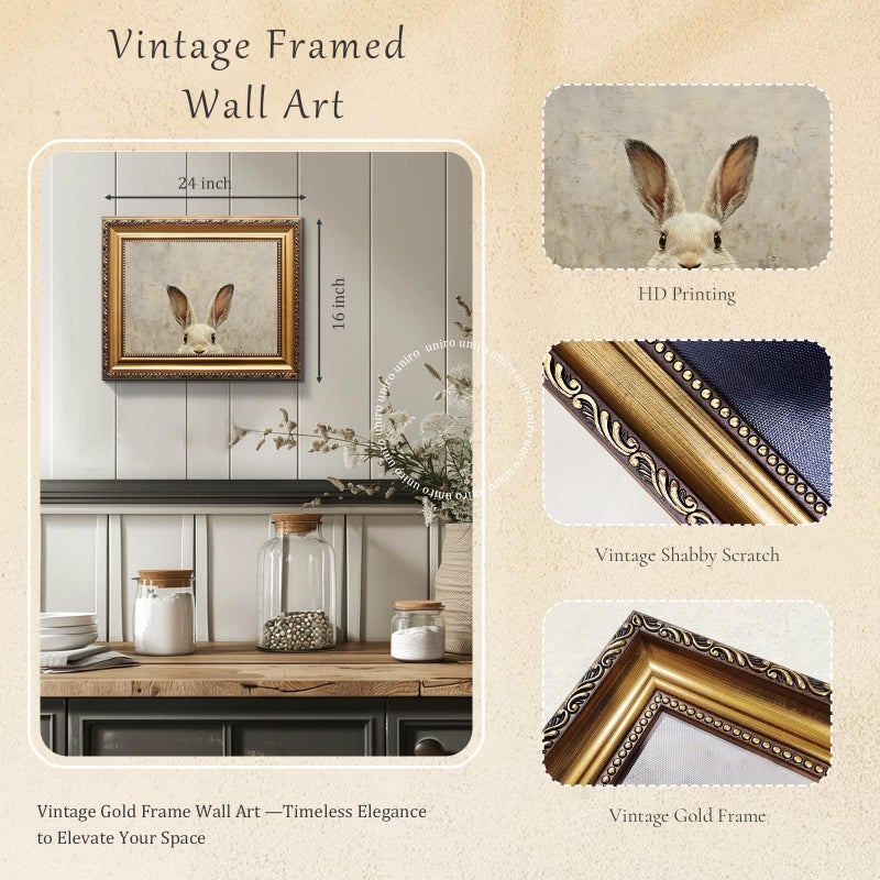 Uniro Vintage Gold Framed Wall Art, Easter Bunny Wall Art Decor, Neutral Rabbit Canvas Oil Painting Poster for Rustic Easter DÃ©cor, Vintage Home Decor Animals Artwork Prints Wall Decor for Kids Room, Living Room, Bedroom or Festive Spaces - 16x24inch - Image 3