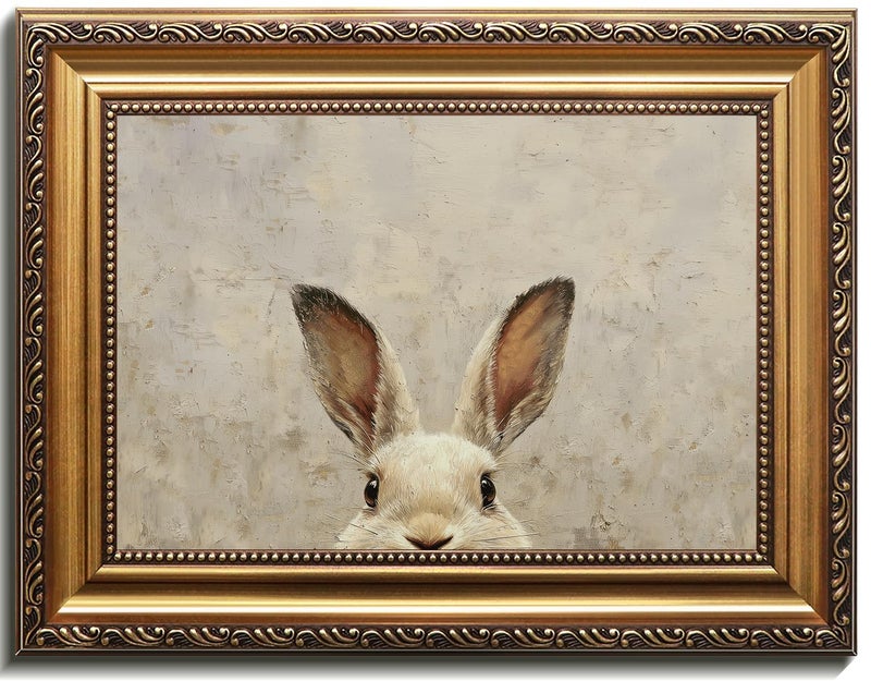 Uniro Vintage Gold Framed Wall Art, Easter Bunny Wall Art Decor, Neutral Rabbit Canvas Oil Painting Poster for Rustic Easter DÃ©cor, Vintage Home Decor Animals Artwork Prints Wall Decor for Kids Room, Living Room, Bedroom or Festive Spaces - 16x24inch - Image 1