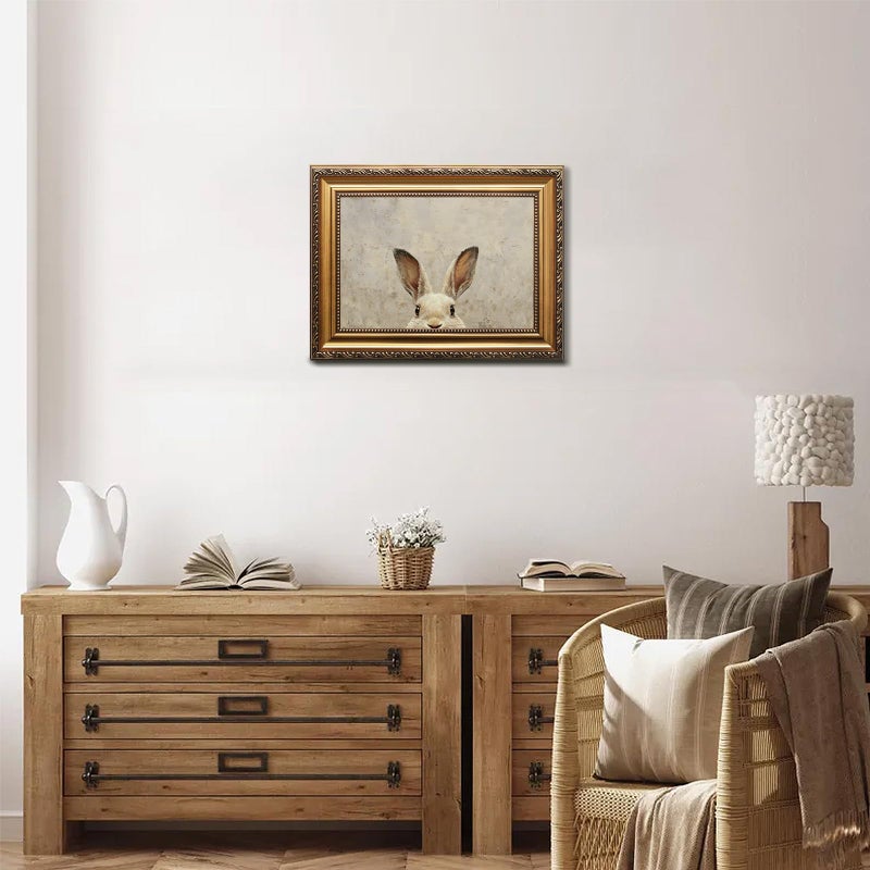 Uniro Vintage Gold Framed Wall Art, Easter Bunny Wall Art Decor, Neutral Rabbit Canvas Oil Painting Poster for Rustic Easter DÃ©cor, Vintage Home Decor Animals Artwork Prints Wall Decor for Kids Room, Living Room, Bedroom or Festive Spaces - 16x24inch - Image 2