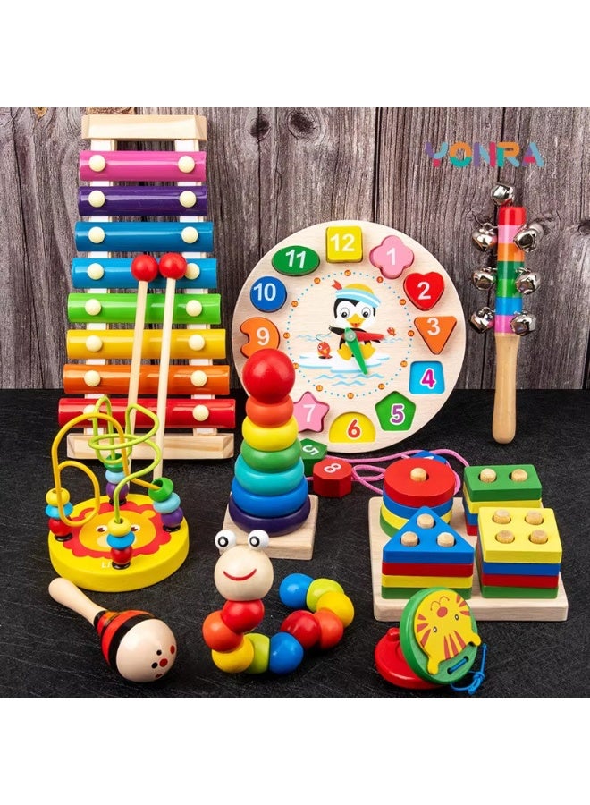 9 in 1 Montessori Wooden Toys Rattle Bell Drum Column Early Sensory Musical Instrument Set Toddler Learning Toy - Image 1