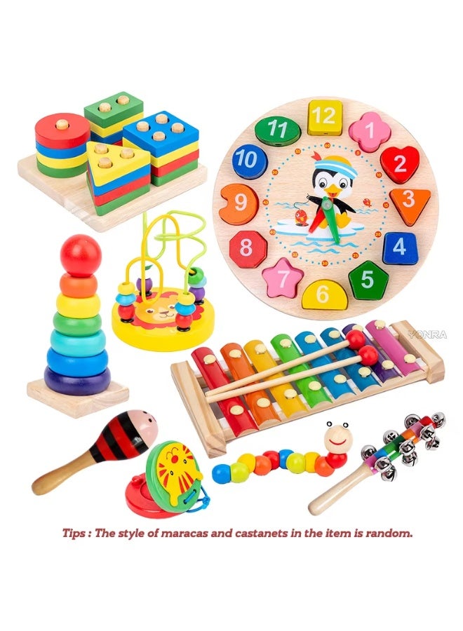 9 in 1 Montessori Wooden Toys Rattle Bell Drum Column Early Sensory Musical Instrument Set Toddler Learning Toy - Image 3