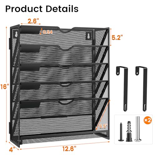Kinkota Hanging Wall File Organizer 6Tier Wall Mount Mail Organizer Desk Paper Organizer Sleek Black Metal File Folder Holder for Office Cubicle Bedroom AllinOne Document Storage Shelf - Image 3