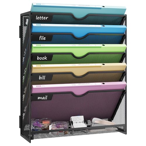 Kinkota Hanging Wall File Organizer 6Tier Wall Mount Mail Organizer Desk Paper Organizer Sleek Black Metal File Folder Holder for Office Cubicle Bedroom AllinOne Document Storage Shelf - Image 1