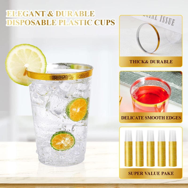 Vplus 150 Pack 12 OZ Reusable Gold Rimmed Clear Plastic Cups, Disposable Heavy Duty Plastic Cups Perfect for Party Christmas Wedding - Image 2