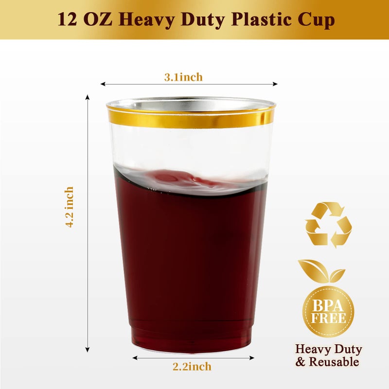 Vplus 150 Pack 12 OZ Reusable Gold Rimmed Clear Plastic Cups, Disposable Heavy Duty Plastic Cups Perfect for Party Christmas Wedding - Image 3