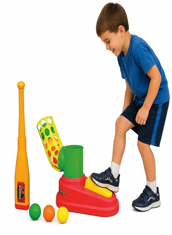 Goyal's Goyals Automatic Plastic Pitcher Power Shot Base Ball Game Unbreakable Includes 1 Bat 3 Balls for Age 3 Years & Above | Foot Pedal Launcher Training Toy - Red & Yellow - Image 5
