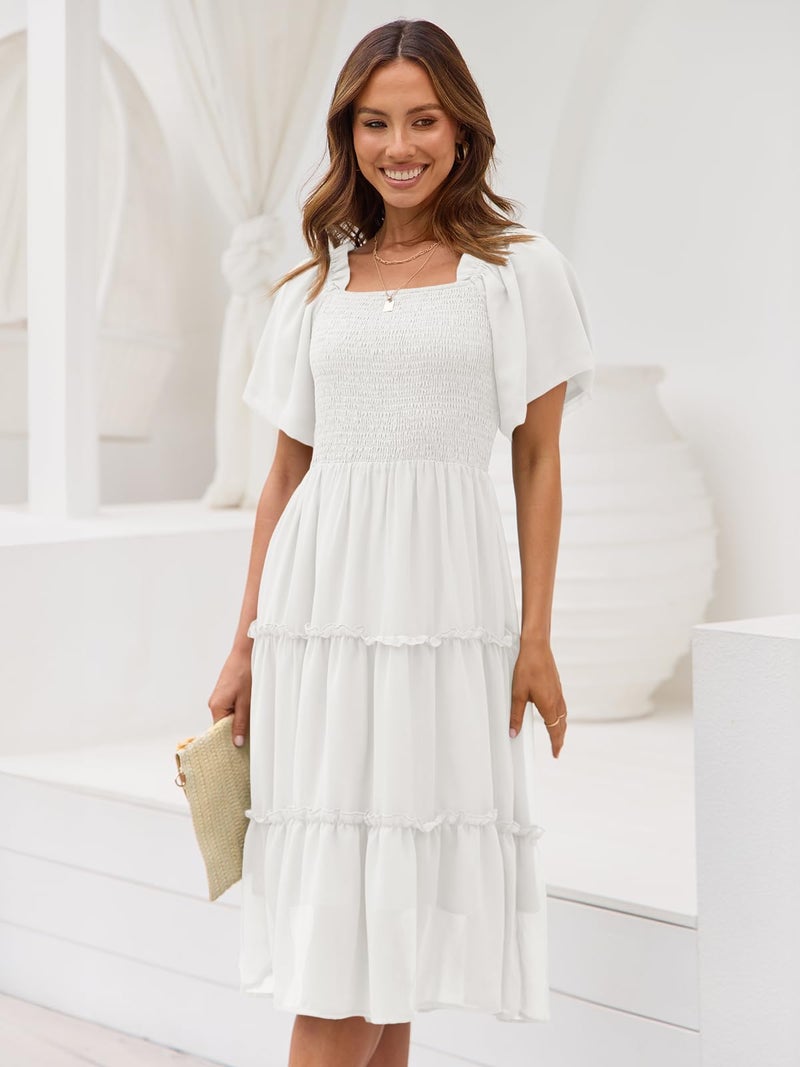 LILLUSORY Women Dresses Spring Summer 2025 Midi Graduation Bridal Baby Shower Casual Flowy Boho Sun Sundress Trendy Brunch Cute Ladies Vacation Beach Fashion Smocked Teacher Clothes Outfits White S - Image 2