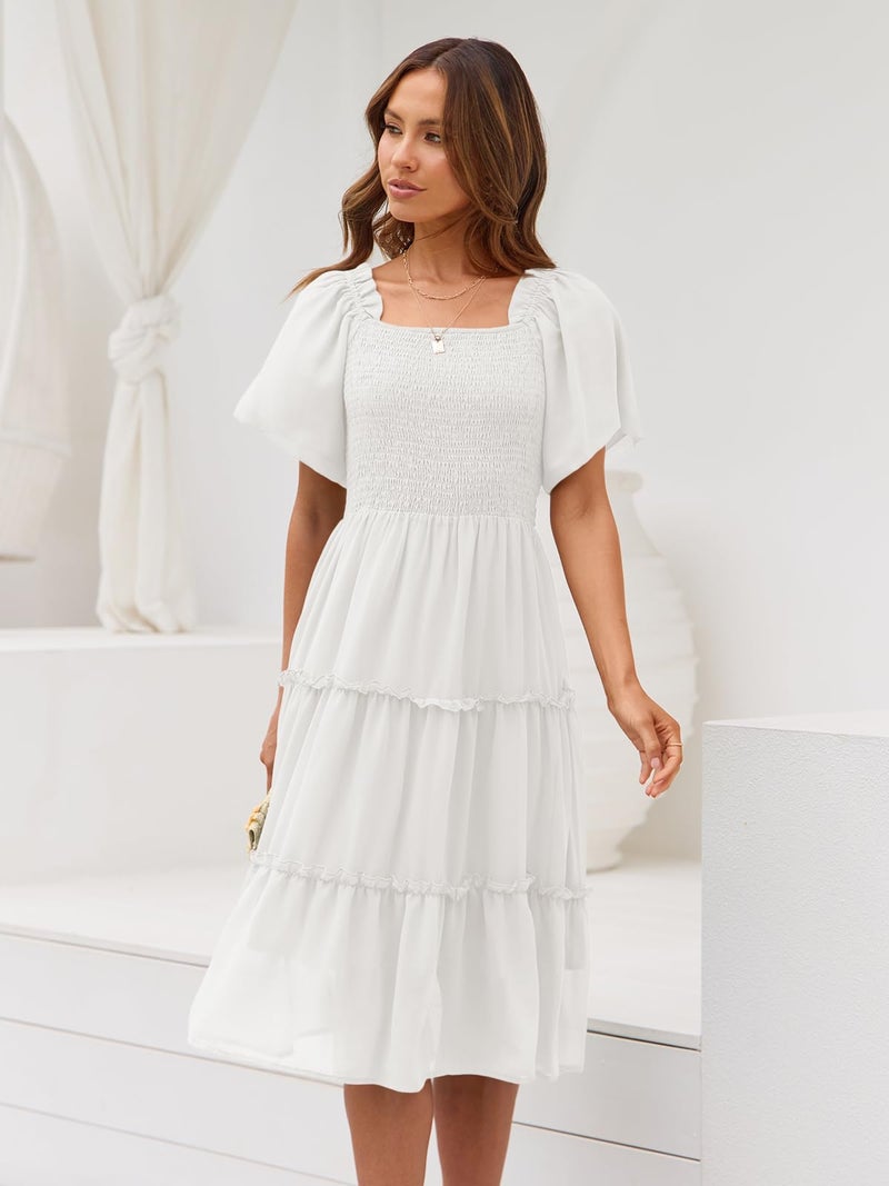 LILLUSORY Women Dresses Spring Summer 2025 Midi Graduation Bridal Baby Shower Casual Flowy Boho Sun Sundress Trendy Brunch Cute Ladies Vacation Beach Fashion Smocked Teacher Clothes Outfits White S - Image 3