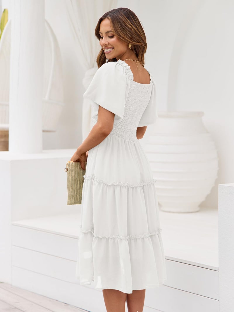 LILLUSORY Women Dresses Spring Summer 2025 Midi Graduation Bridal Baby Shower Casual Flowy Boho Sun Sundress Trendy Brunch Cute Ladies Vacation Beach Fashion Smocked Teacher Clothes Outfits White S - Image 4
