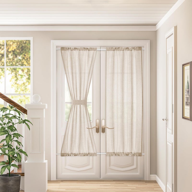 DUKIYO الستائر Dukiyo Linen French Farmhouse Door Surtains 2 لوحات W25 X L72 قضيب مزدوج جيب شبه شفاف الستائر المنزلق مع Tieback لحماية خصوصية ضوء تصفية الضوء القهوة - Image 1