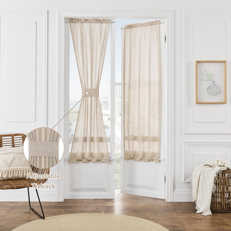 DUKIYO الستائر Dukiyo Linen French Farmhouse Door Surtains 2 لوحات W25 X L72 قضيب مزدوج جيب شبه شفاف الستائر المنزلق مع Tieback لحماية خصوصية ضوء تصفية الضوء القهوة - Image 5