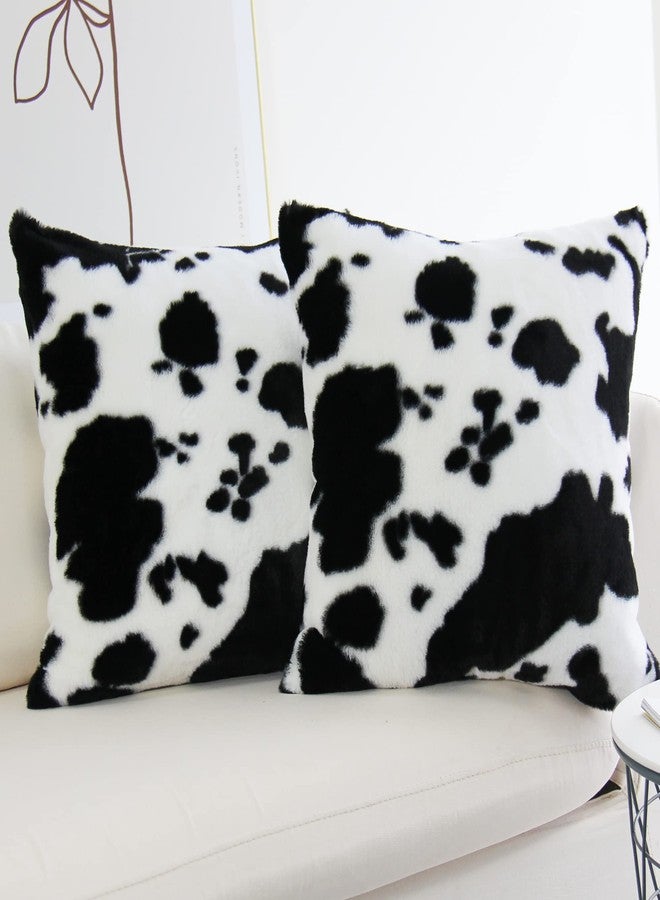 JOJUSIS Cowhide Throw Pillow Covers Farmhouse Animal Skin Soft Cozy Fleece Flurry Cushion Case Cow Pattern Faux Fur Pillowcases for Couch Bedroom Set of 2 18 x 18 Inch Black - Image 1