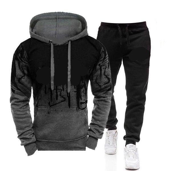 Generic 2020 Autumn and Winter New Mens Splash Ink Printed Casual Sweater Long Sleeve Hoodie Hoodie Sweatshirt Jacket Set dark gray
