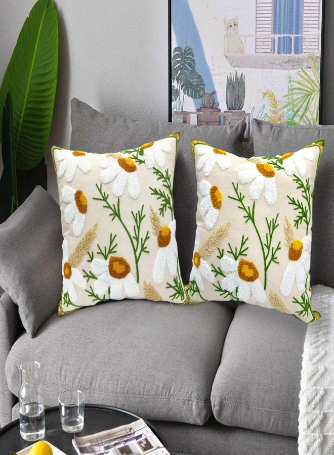 Alysheer Spring Floral Embroidered Decorative Throw Pillow Covers 18"x 18" Set of 2, Farmhouse Flowers Patterned Cotton Cushion Cases for Couch Bed Living Room Decor (Daisy White, 18" x 18“ Set of 2) - Image 3