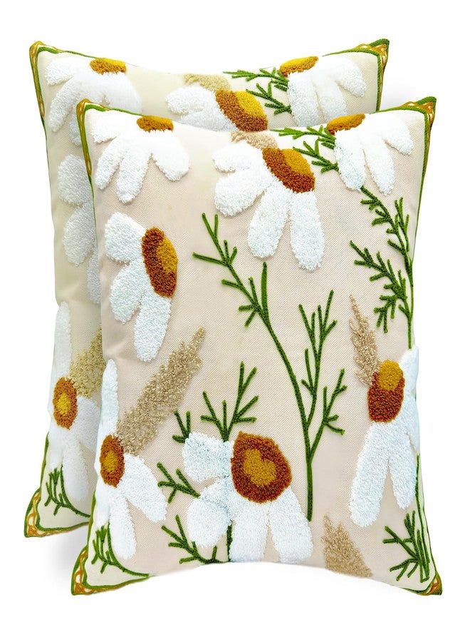Alysheer Spring Floral Embroidered Decorative Throw Pillow Covers 18"x 18" Set of 2, Farmhouse Flowers Patterned Cotton Cushion Cases for Couch Bed Living Room Decor (Daisy White, 18" x 18“ Set of 2) - Image 1