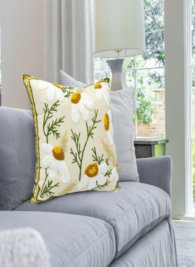 Alysheer Spring Floral Embroidered Decorative Throw Pillow Covers 18"x 18" Set of 2, Farmhouse Flowers Patterned Cotton Cushion Cases for Couch Bed Living Room Decor (Daisy White, 18" x 18“ Set of 2) - Image 4