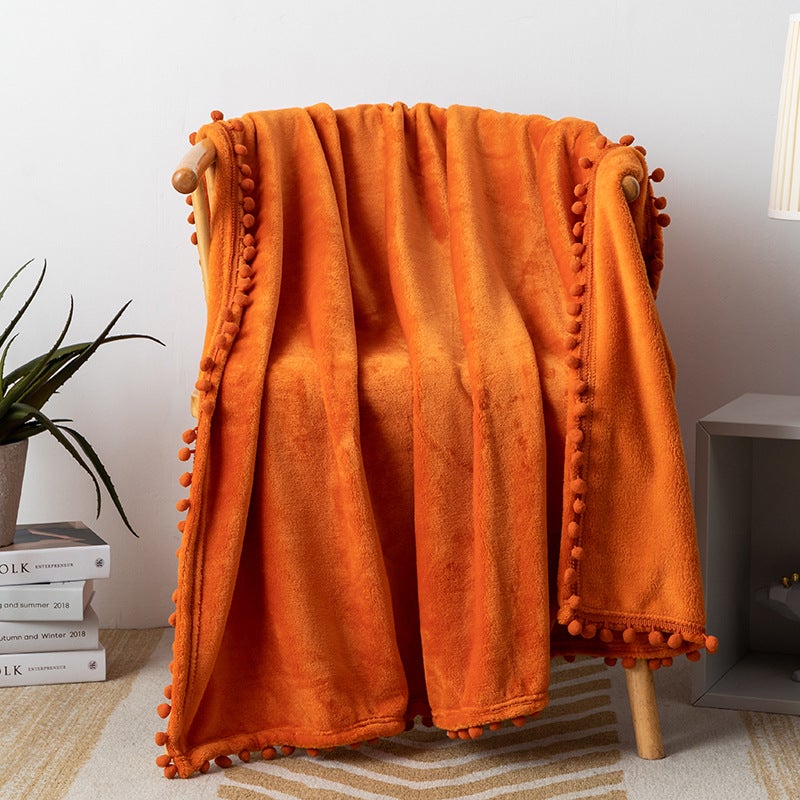 Fringe Pom-Pom Flannel Throw Blanket Solid Color Orange 