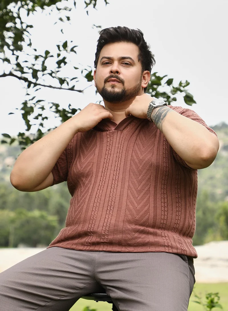 انستافاب بلس Instafab Plus Men Geometric-Textured Polo T-Shirt | Polo Neck , Short Ribbed Cuff Sleeves | Pull On Closure , Straight Hem | Geometric Jacquard | Knitted Fabric For Casual & Daily Wear | Russet Brown