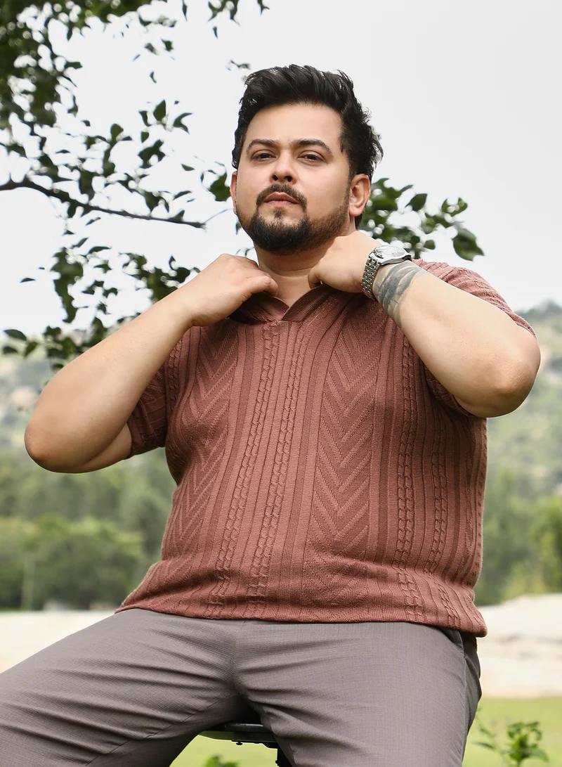 Instafab Plus Instafab Plus Men Geometric-Textured Polo T-Shirt | Polo Neck , Short Ribbed Cuff Sleeves | Pull On Closure , Straight Hem | Geometric Jacquard | Knitted Fabric For Casual & Daily Wear | Russet Brown