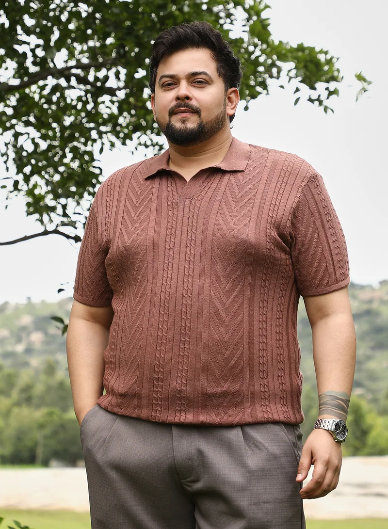 Instafab Plus Instafab Plus Men Geometric-Textured Polo T-Shirt | Polo Neck , Short Ribbed Cuff Sleeves | Pull On Closure , Straight Hem | Geometric Jacquard | Knitted Fabric For Casual & Daily Wear | Russet Brown