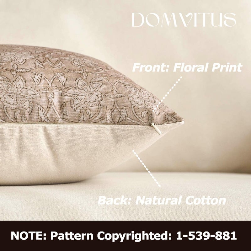 DOMVITUS Floral Pillow Covers 18x18 Throw Pillow Covers Block Print Vintage Decorative Neutral Pillow Cover for Couch Bed Living Room Light Camel 1PC - Image 2