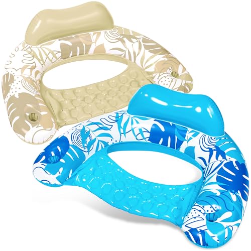 SLOOSH Inflatable Pool Floats Adult2 Pack Pool Chairs with Cup HoldersXLarge Blow up Floats ChairHammock Noodle Mat Leaves Design for Relaxing Summer Water Fun Swimming Party BeachBlueChampagne - Image 1