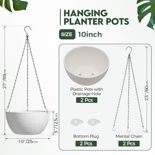 T4U 10 Inch Hanging Planters for Indoor Outdoor Plants - 2 Pack Plastic Hanging Flower Plant Pot with Drainage Hole, Round Hanging Plant Basket for Home Garden Porch Balcony Patio Decor (White) - Image 2