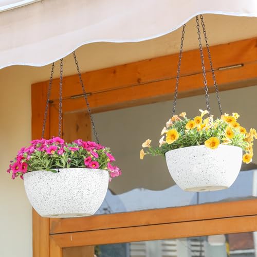 T4U 10 Inch Hanging Planters for Indoor Outdoor Plants - 2 Pack Plastic Hanging Flower Plant Pot with Drainage Hole, Round Hanging Plant Basket for Home Garden Porch Balcony Patio Decor (White) - Image 5