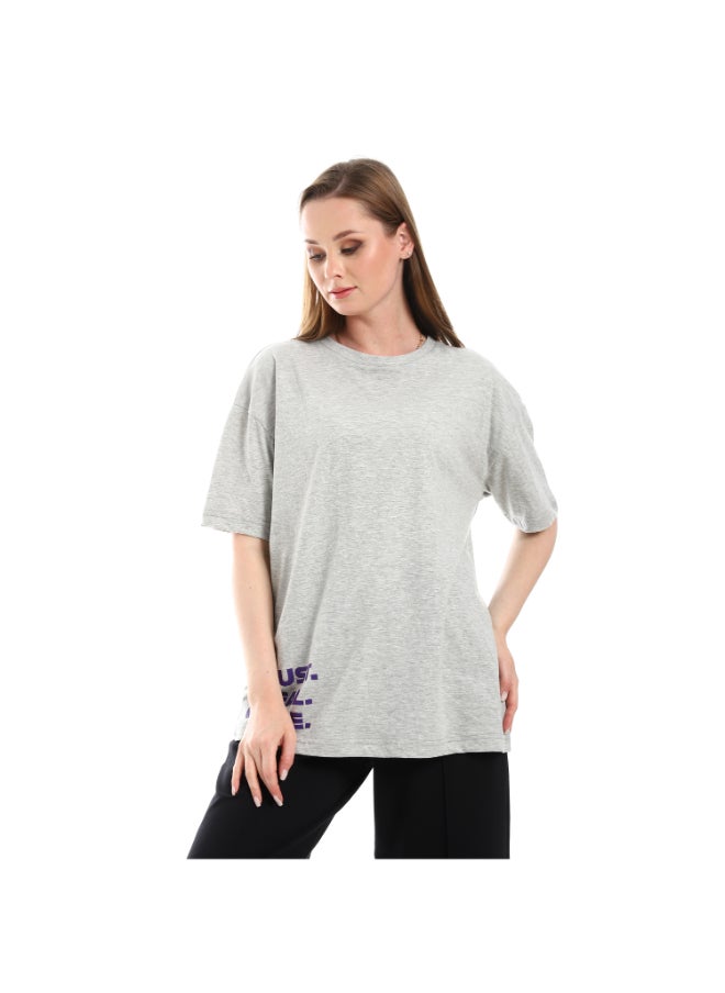 Esla Side Buttom Printed Oversize Heather Grey Tee  - Image 1