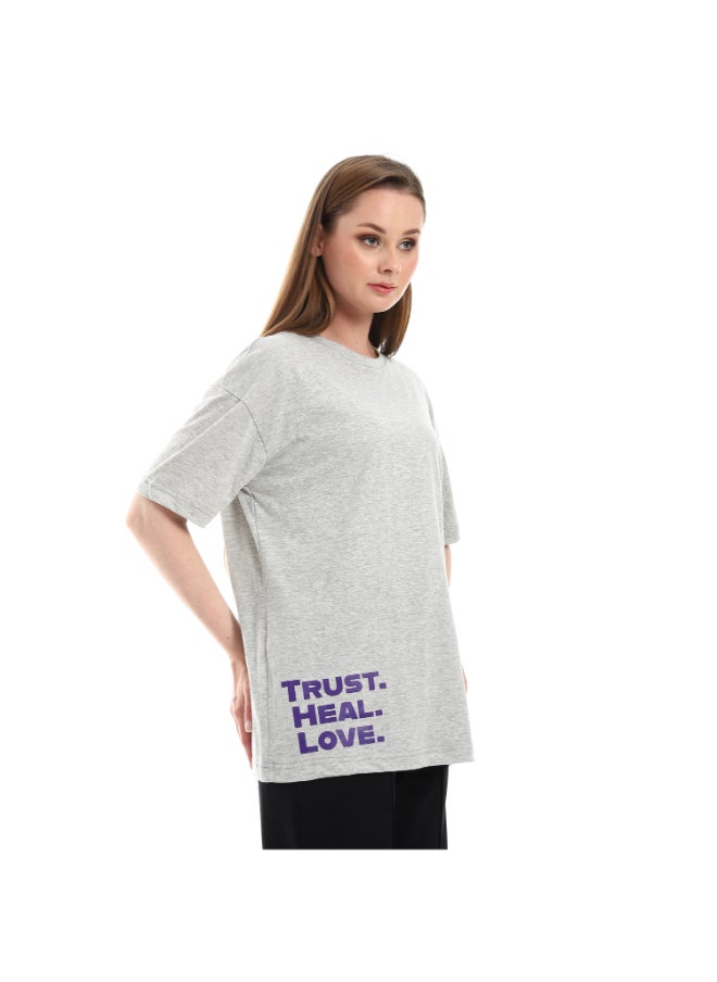 Esla Side Buttom Printed Oversize Heather Grey Tee  - Image 2