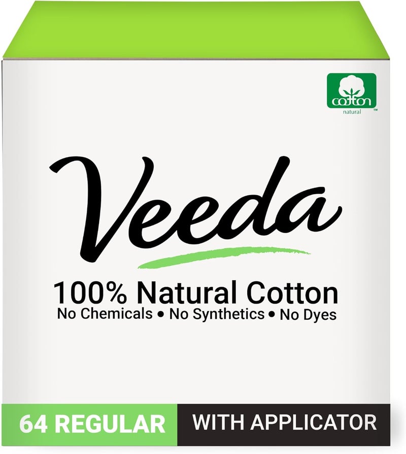 Veeda 100% Natural Cotton Tampons - Regular Absorbency with leak proof protection - Compact BPA-Free Applicator - Unscented & Free from Chlorine, Toxin - 64 Count - Image 1