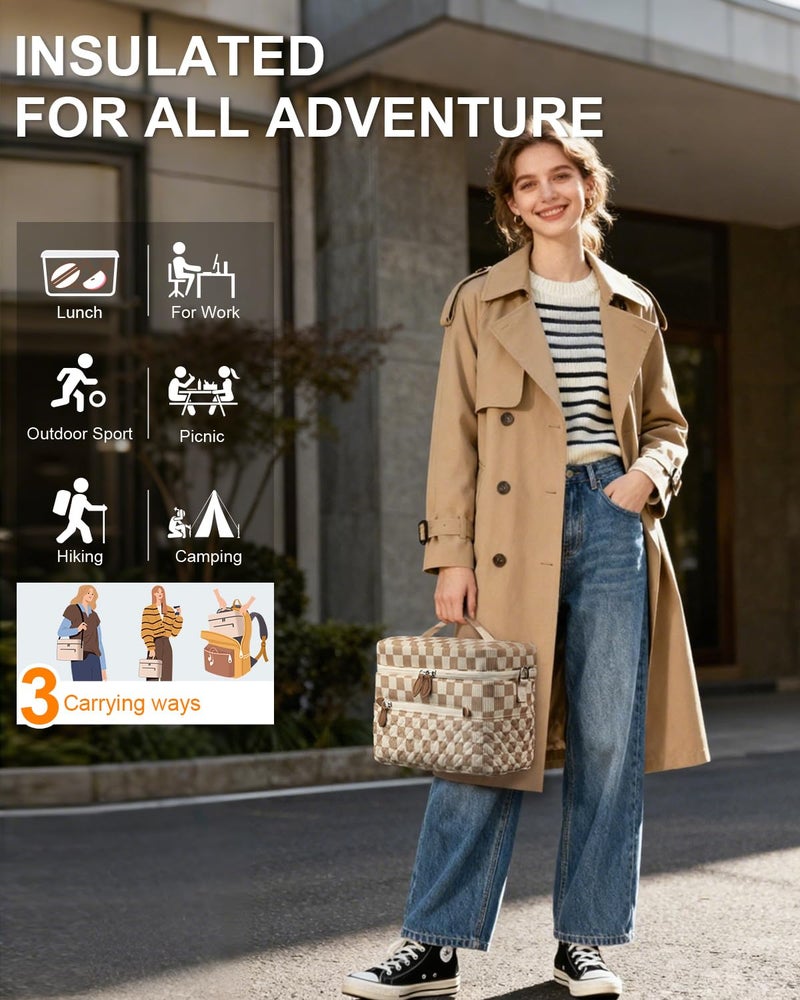 Capolo Lunch Box for Women Men Adults,Insulated Lunch Bag Leakproof Lunch Cooler Box with Removable Strap Cute Lunch Tote Bags Reusable Thermal Lunchbox for Work Picnic(Small,Khaki Checkered) - Image 2