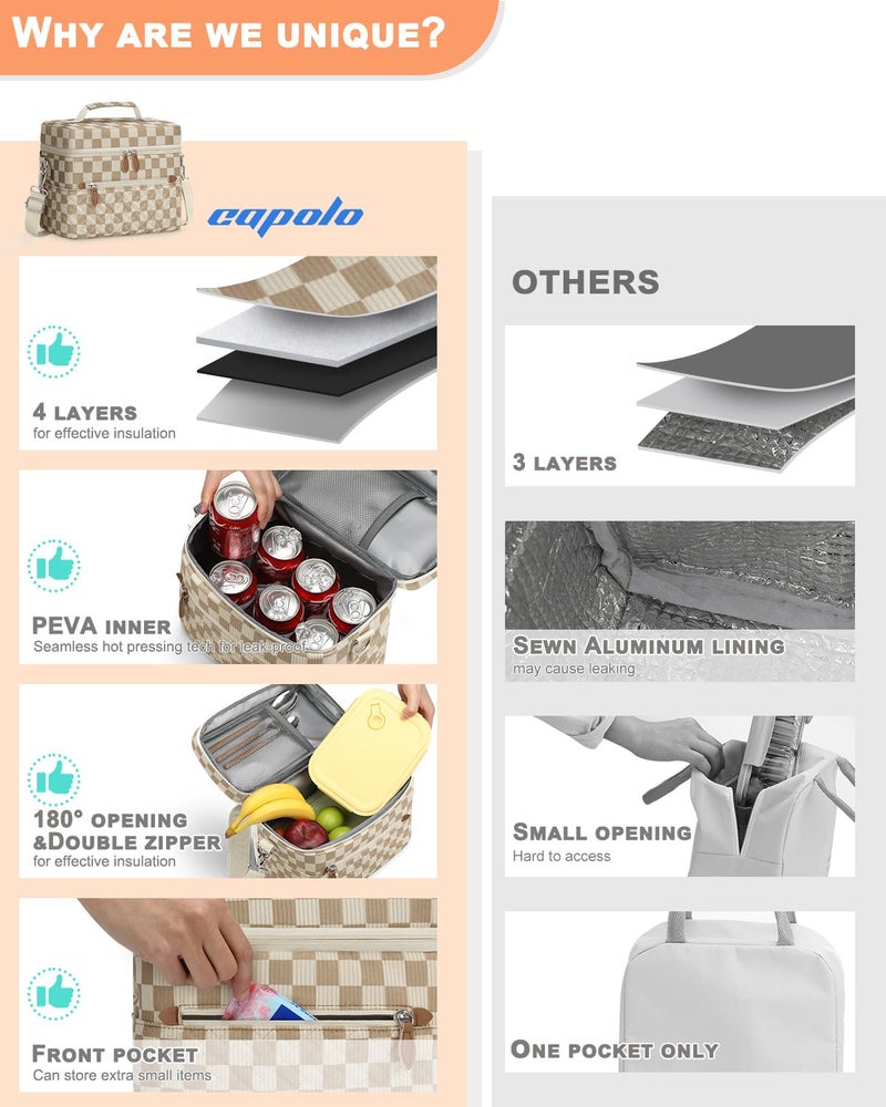 Capolo Lunch Box for Women Men Adults,Insulated Lunch Bag Leakproof Lunch Cooler Box with Removable Strap Cute Lunch Tote Bags Reusable Thermal Lunchbox for Work Picnic(Small,Khaki Checkered) - Image 3