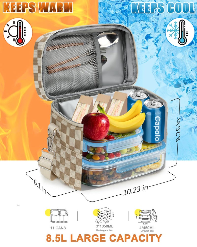 Capolo Lunch Box for Women Men Adults,Insulated Lunch Bag Leakproof Lunch Cooler Box with Removable Strap Cute Lunch Tote Bags Reusable Thermal Lunchbox for Work Picnic(Small,Khaki Checkered) - Image 4