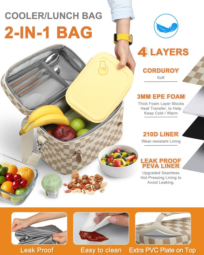 Capolo Lunch Box for Women Men Adults,Insulated Lunch Bag Leakproof Lunch Cooler Box with Removable Strap Cute Lunch Tote Bags Reusable Thermal Lunchbox for Work Picnic(Small,Khaki Checkered) - Image 5