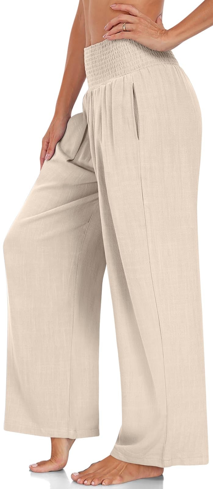 UEU Women's Linen Palazzo Pants Wide Leg High Waisted Lounge Boho Summer Casual Beach Pants with Pockets - Image 3
