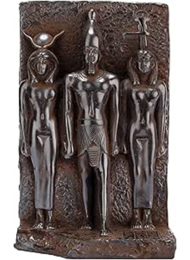 The triads of Menkaure pharaoh, stands between the goddess Hathor is on his right and goddess (bat) is on his left black heavy stone made in Egypt.