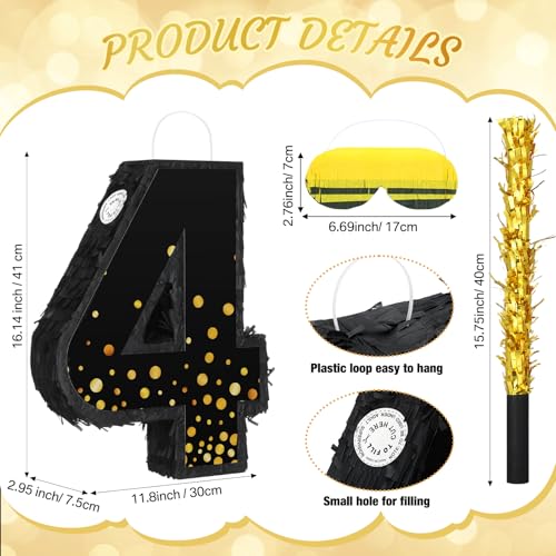 Poen Pinata for Birthday Party Decorations Black Gold Pinata with Blindfold Stick Confetti and Eye Mask for Party Supply Anniversary Baby Shower Retirement SuppliesNumber 4 - Image 5