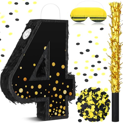 Poen Pinata for Birthday Party Decorations Black Gold Pinata with Blindfold Stick Confetti and Eye Mask for Party Supply Anniversary Baby Shower Retirement SuppliesNumber 4 - Image 1